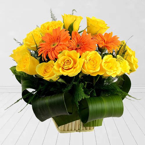 Exquisite Basket of Yellow Roses with Orange Gerberas	