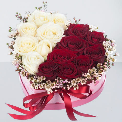 Attractive Red n White Roses in Heart Shape Box