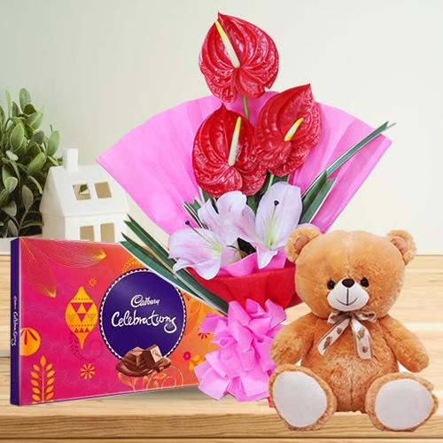 Attractive Combo of Flowers Bouquet with Cute Teddy n Chocolates