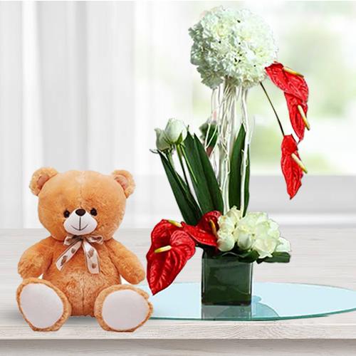 Artistic Flowers Display in Glass Vase with Cute Teddy