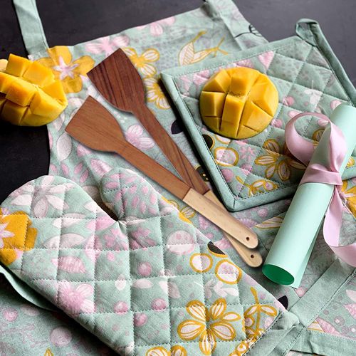 Beautiful Printed Apron N Oven Mitten Holder with Wooden Cooking Spoon