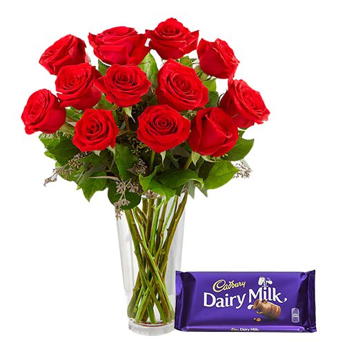 MidNight Delivery ::Exclusive  Dutch Red    Roses  in Vase with free Cadburys Chocolate