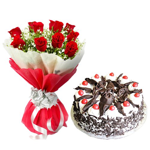 MidNight Delivery ::12 Exclusive  Dutch Red    Roses  with Black Forest cake 1 Kg from 5 star Hotel Bakery <br> (Limited Cities)