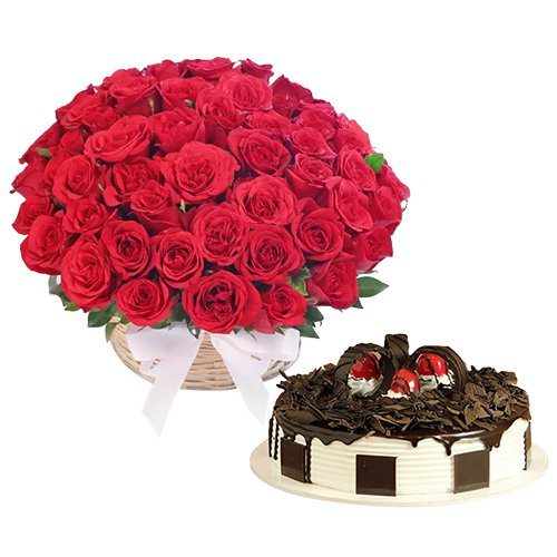 MidNight Delivery ::50 Exclusive  Dutch Red    Roses  with Black Forest cake 1 Kg from 5 star Hotel Bakery