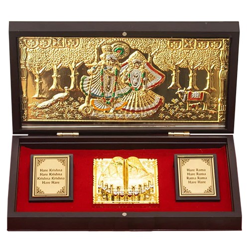 Marvelous Gift of Gold Plated Radha Krishna Idol with Charan Paduka