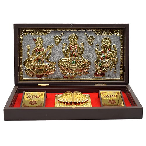 Wonderful Gold Plated Deity Photos with Shubh Labh n Charan Paduka