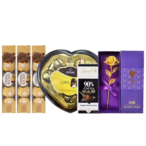 Irresistible Chocolaty Love Gift Hamper with Golden Rose