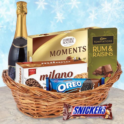 Classy Gift Basket Full of Choco-Cookie Temptations with Fruit Wine