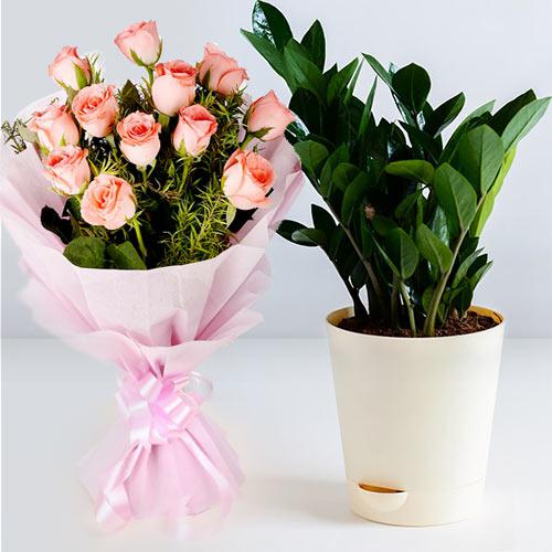 Delightful Combo of Zamia Plant N Pink Roses Bouquet