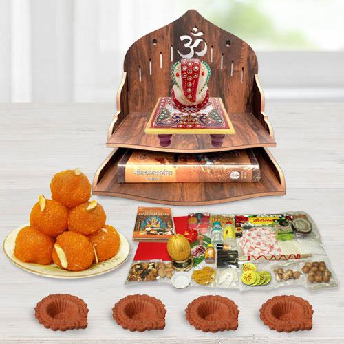 Pious Wooden Temple Gift Combo for Pooja