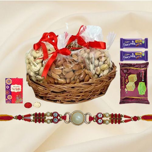 Astonishing Pearl Rakhi with Dry Fruits Chocolates n Sweets