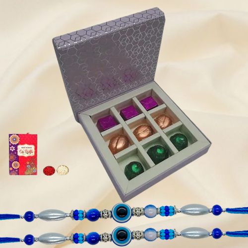 Elegant Set of 2 Evils Eye Rakhi with Ambrosial Handmade Chocolates