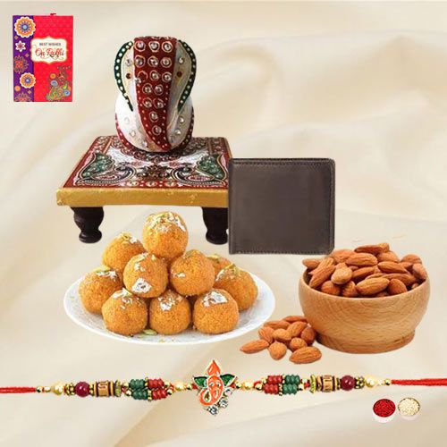 Fancy Ganesh Rakhi with Wallet Ganesh Marble Chowki Sweets N Almonds