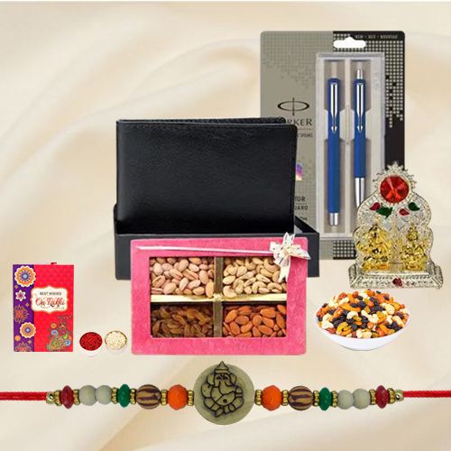 Fancy Ganesh Rakhi with Leather Wallet Mandap Parker Pen n Dry Fruits