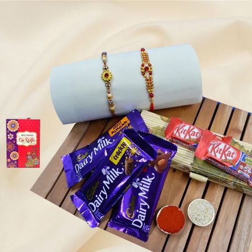 Suave Golden Rakhi Set with Chocolate Assortments
