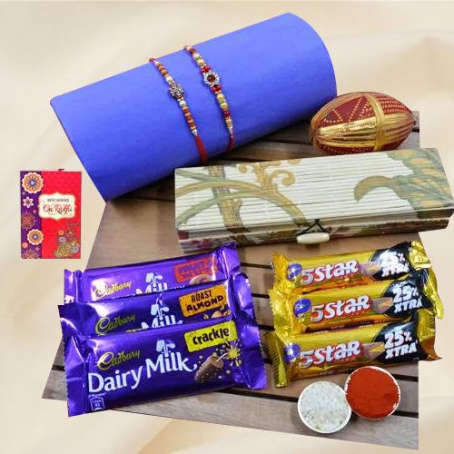 Beautiful Stone Rakhi Set N Assorted Chocolates in Eco-friendly Box