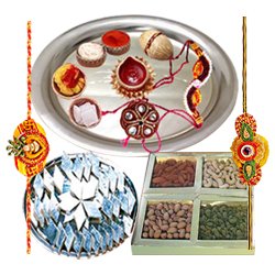 Superb Rakhi Special Presents of Dry Fruits Classic Silver plated Thali Delicious Kaju Katli with 2 Free Rakhi Roli Tika and Chawal