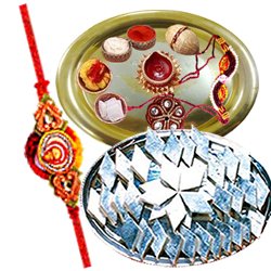 Amazing Rakhi Special Gift of Golden Plated Thali  and Kaju Katli from Haldiram and with free Rakhi Roli Tilak and Chawal for your Dear Brother