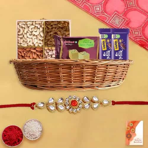 Astonishing Pearl Rakhi with Dry Fruits  Chocolates n Sweets