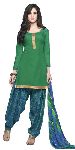 Gaudy Deep Green Coloured Pure Cotton Patiala Suit