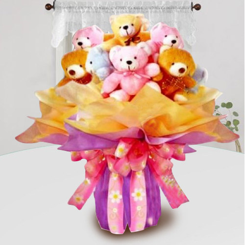 Exclusive Bouquet of Multicolor Teddies