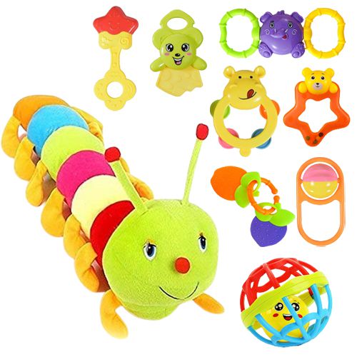 Joyful Combo of Caterpillar Stuffed Toy N Unique Shaped Rattles