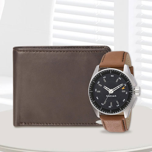 Admirable Fastrack Watch with a Brown Leather Wallet from Rich Born for Men